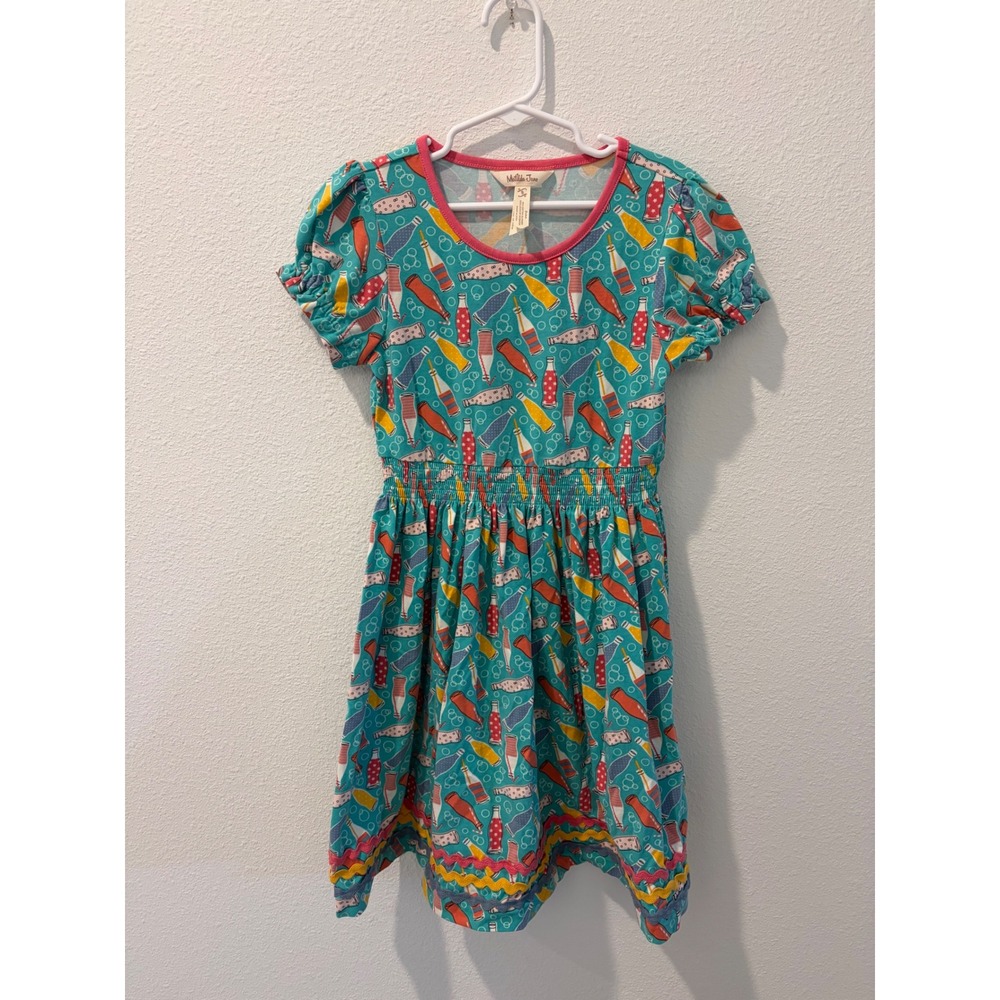 Matilda Jane Girls Teal Soda Bottle Print Ric-Rac Trim Dress Size 8